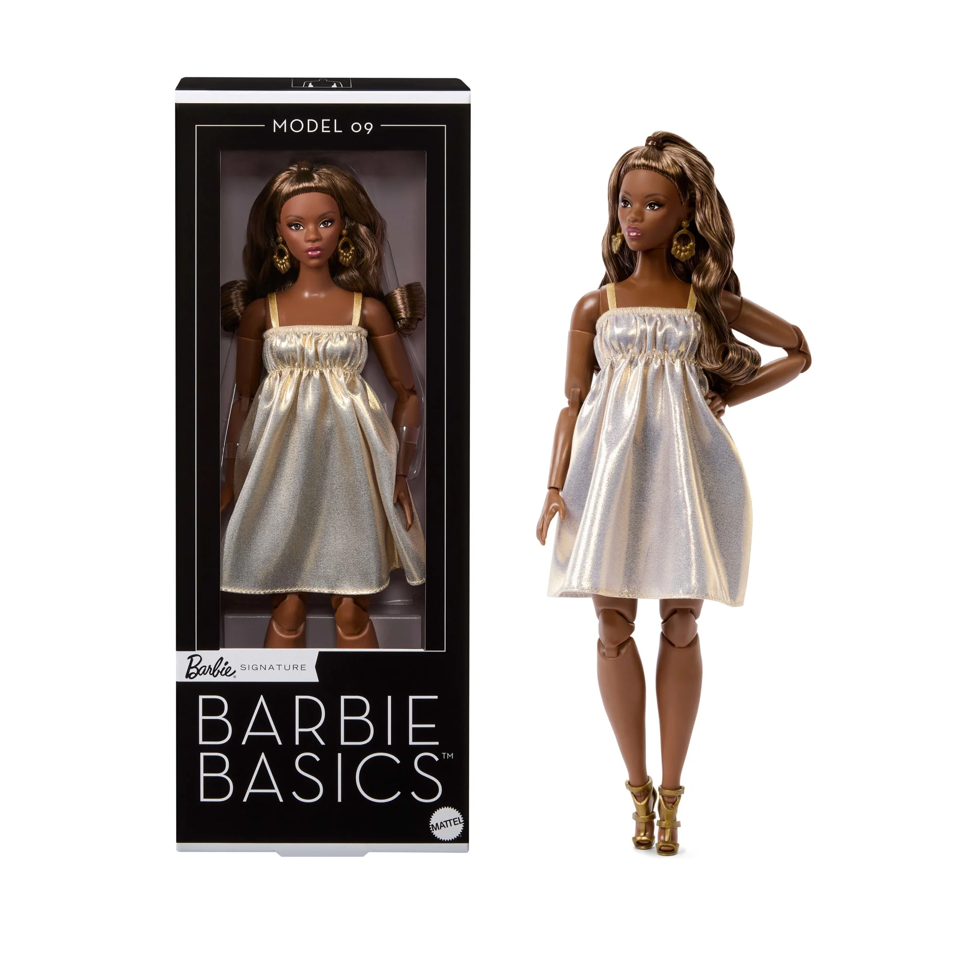 Barbie Basics Collectible Doll, Model 09 With Brunette Hair in Golden Dress & Strappy Heels