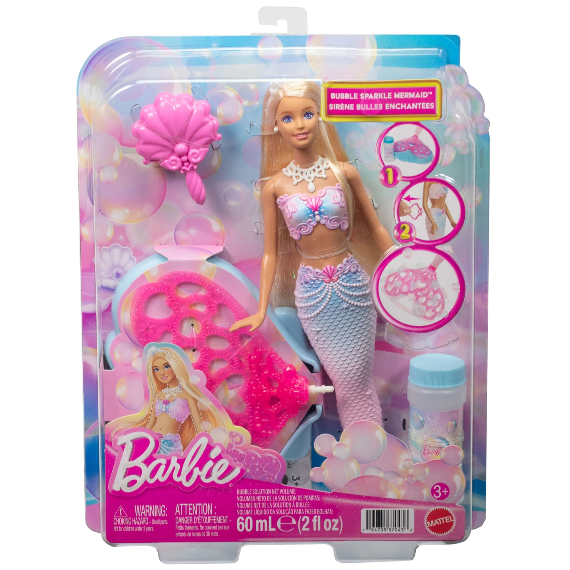 Barbie Bubble Sparkle Mermaid Doll With Bubble-Making Feature, Includes Bubble Solution & Hairbrush - Image 6