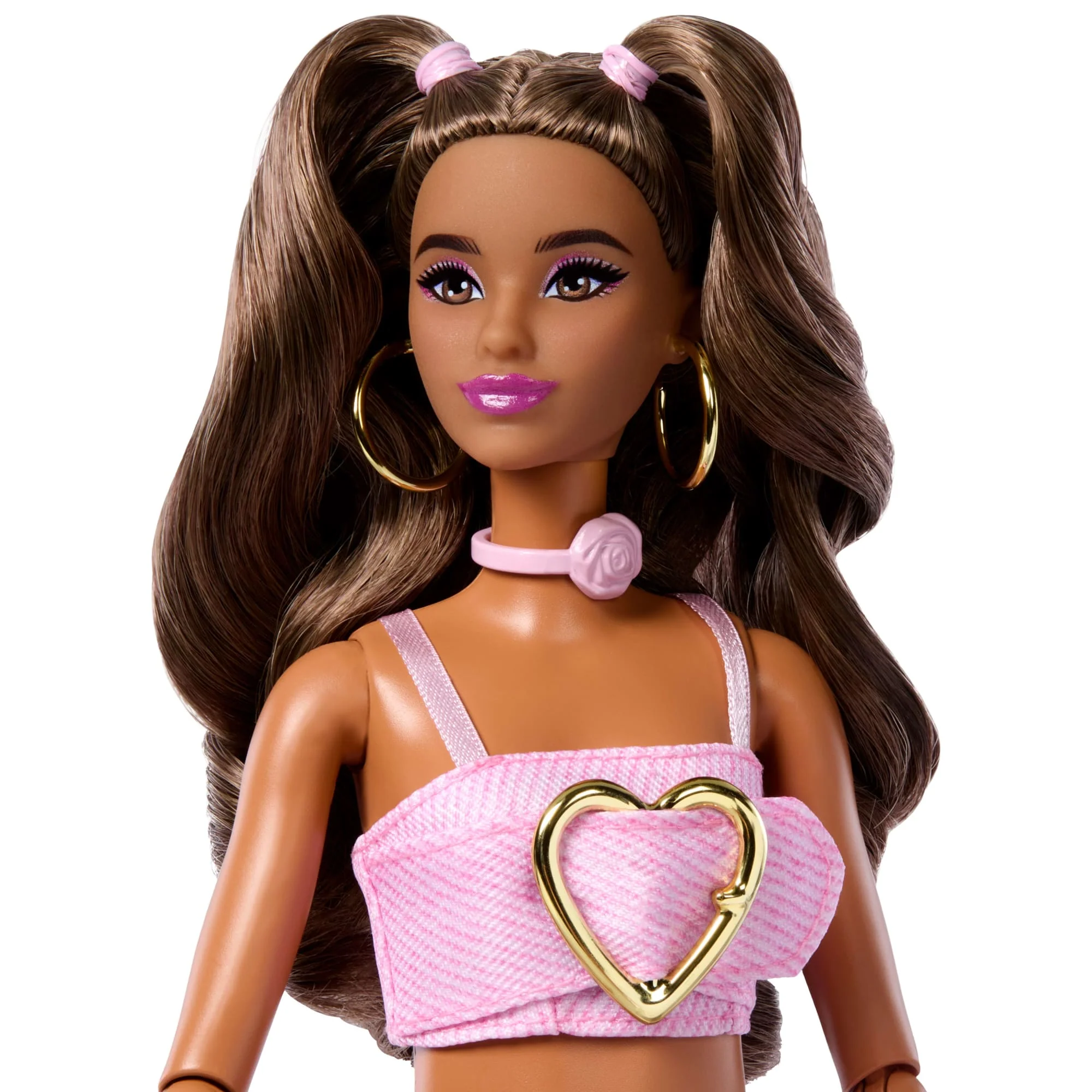 Barbie Deluxe Style Fashion Doll #12 in Pink Denim Crop Top And Flare Jeans, Brunette - Image 3