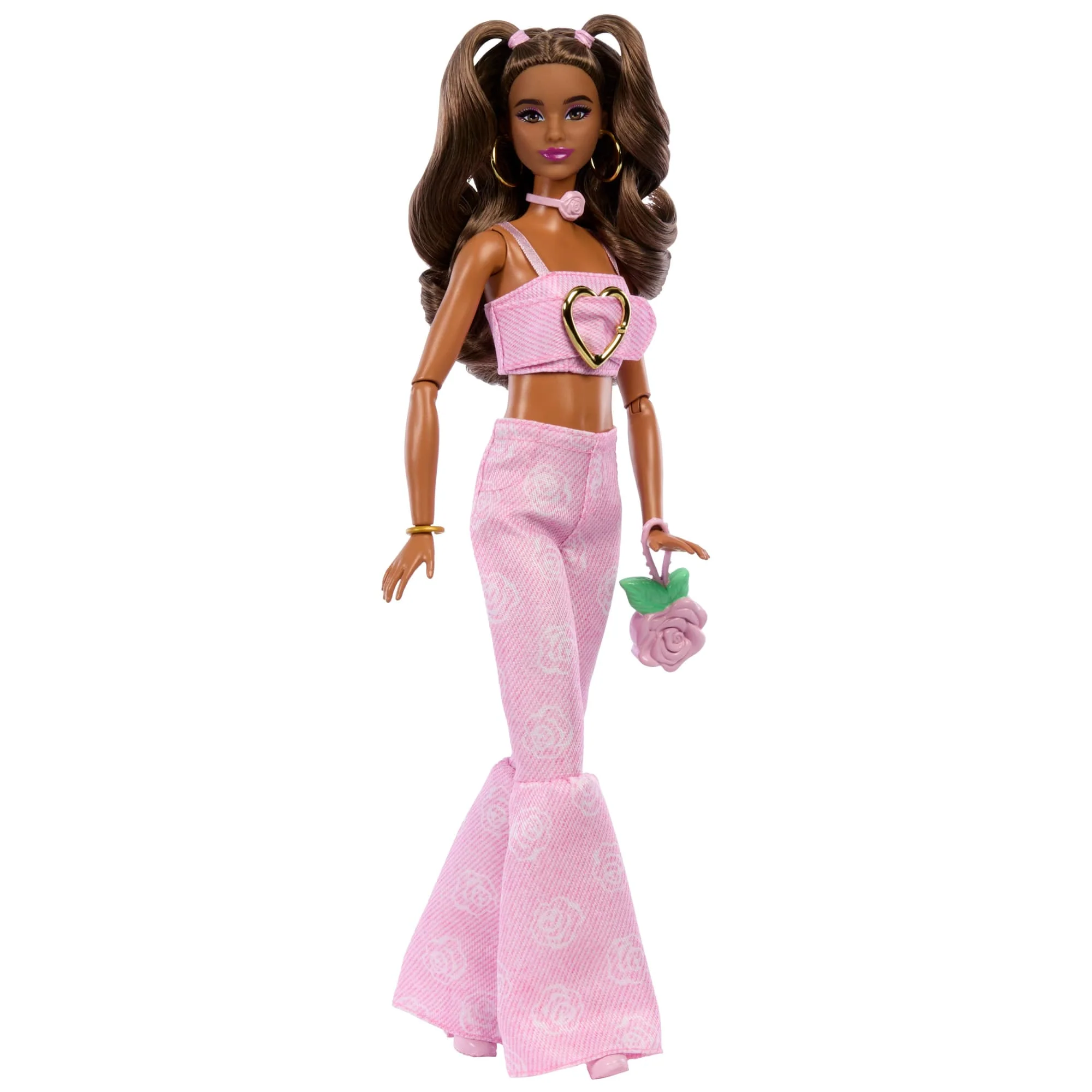 Barbie Deluxe Style Fashion Doll #12 in Pink Denim Crop Top And Flare Jeans, Brunette - Image 5