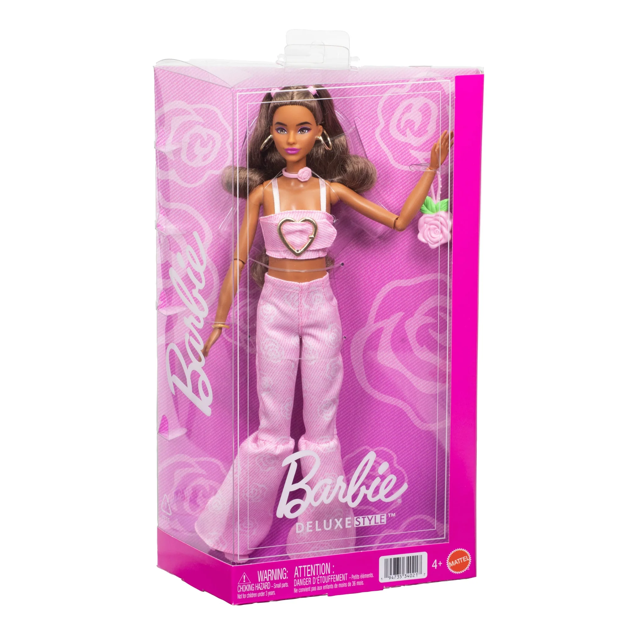 Barbie Deluxe Style Fashion Doll #12 in Pink Denim Crop Top And Flare Jeans, Brunette - Image 6