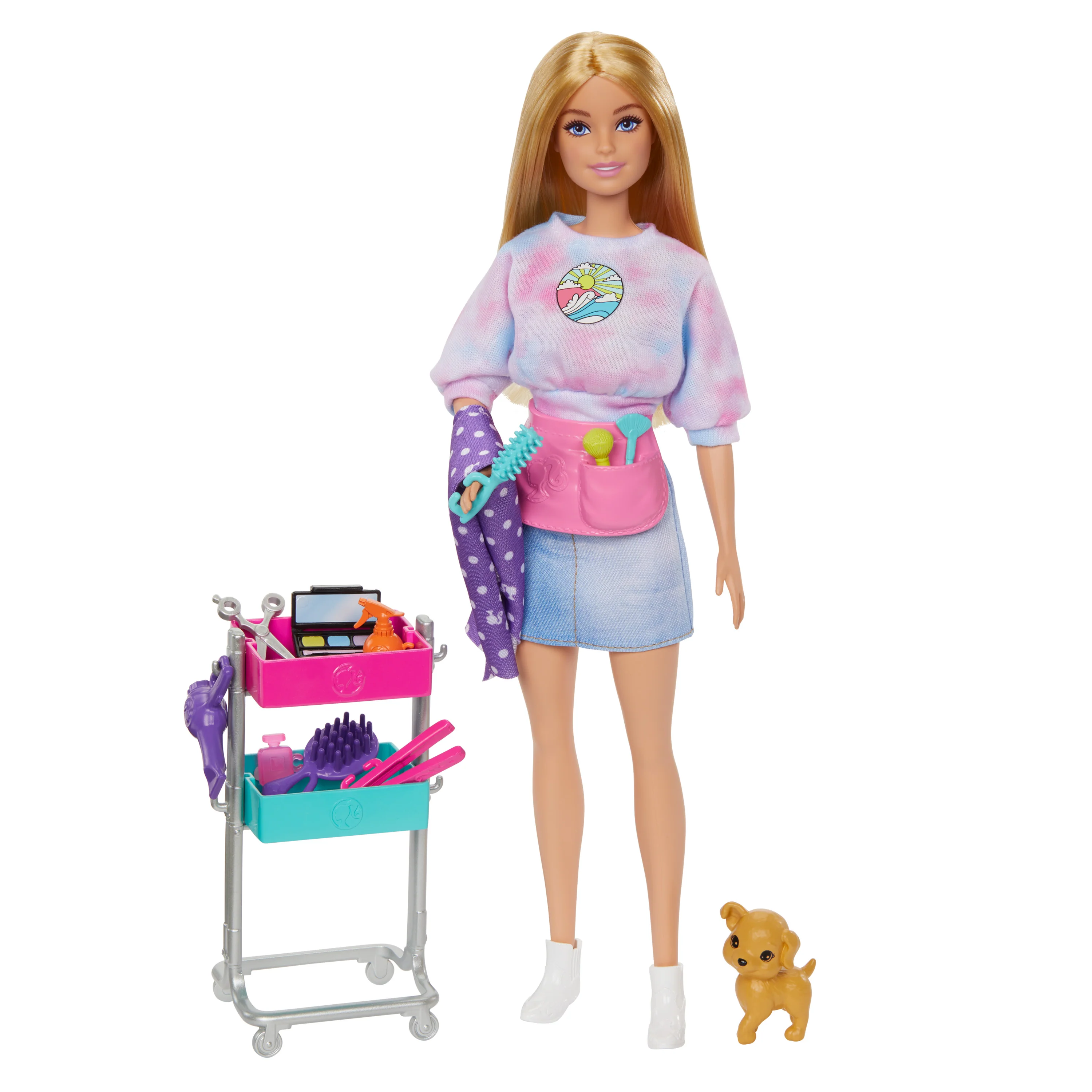 Barbie āMalibuā Stylist Doll & 14 Accessories Playset, Hair & Makeup Theme With Puppy & Styling Cart