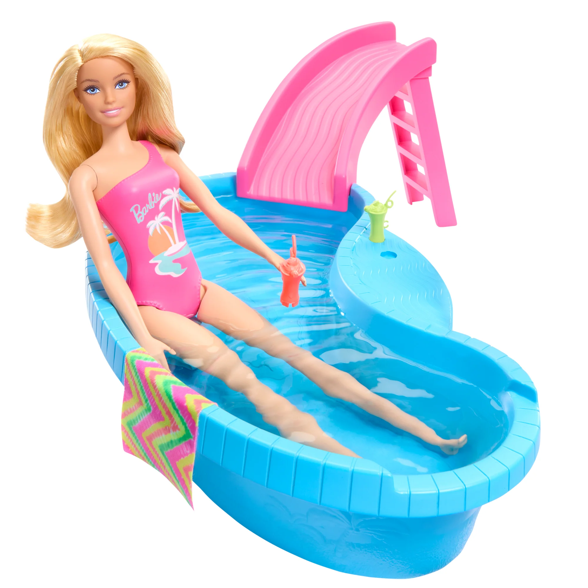 Barbie Doll And Pool Playset, Blonde With Pool, Slide, Towel And Drink Accessories - Image 2