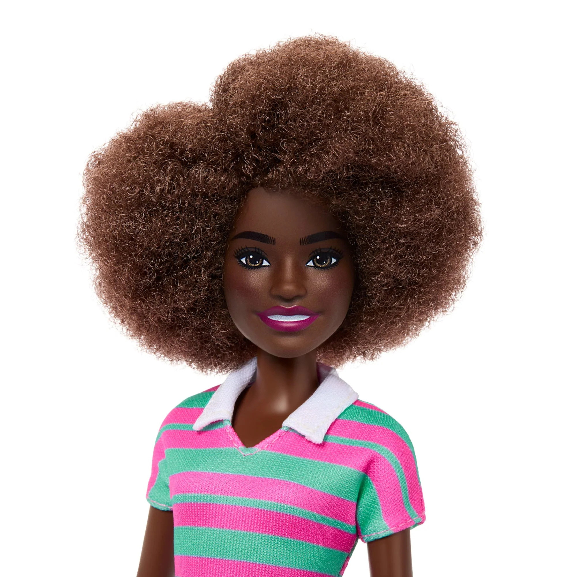 Barbie Fashionistas Doll #247 With Pink And Green Striped Dress, Curly Black Hair - Image 3