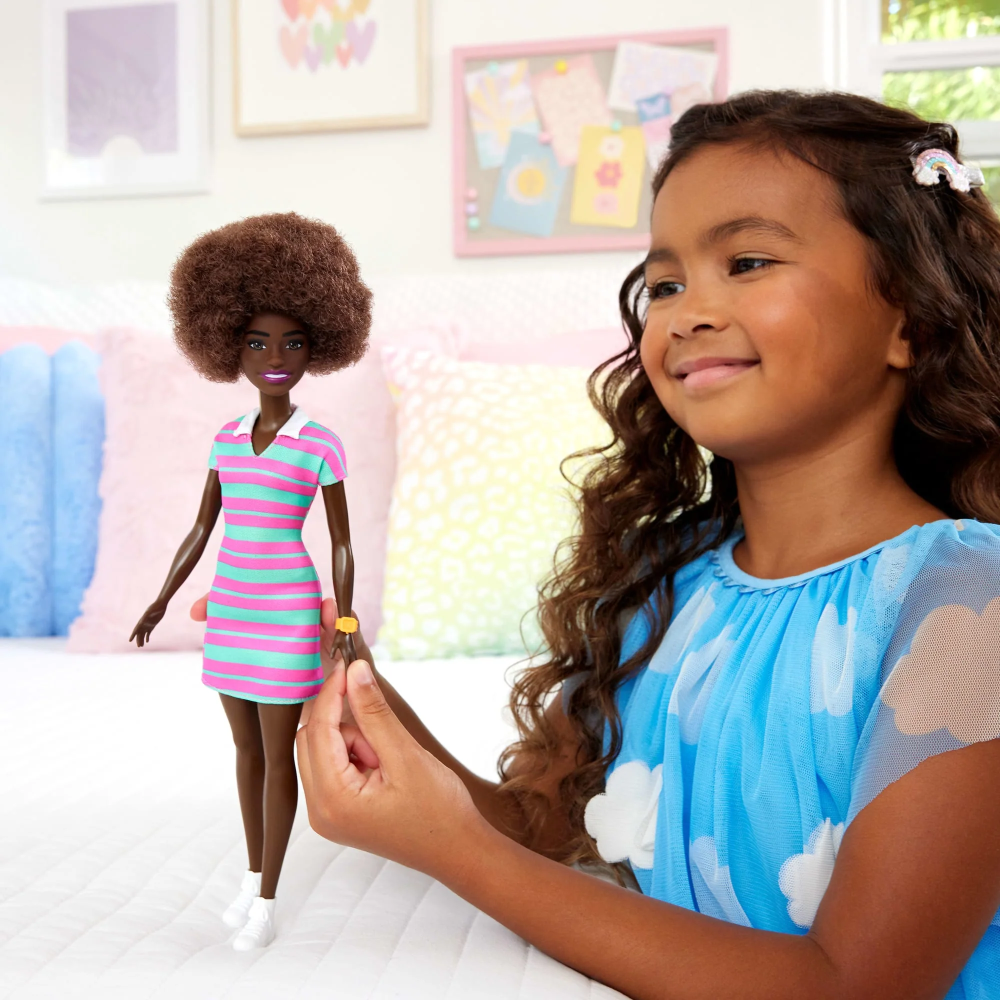 Barbie Fashionistas Doll #247 With Pink And Green Striped Dress, Curly Black Hair - Image 2