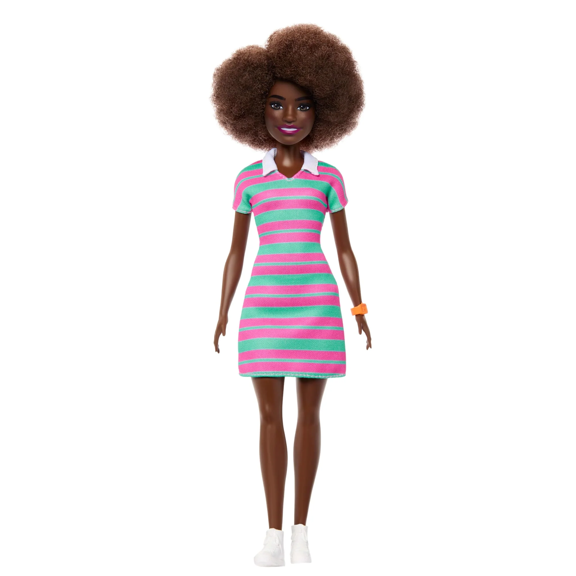 Barbie Fashionistas Doll #247 With Pink And Green Striped Dress, Curly Black Hair - Image 5