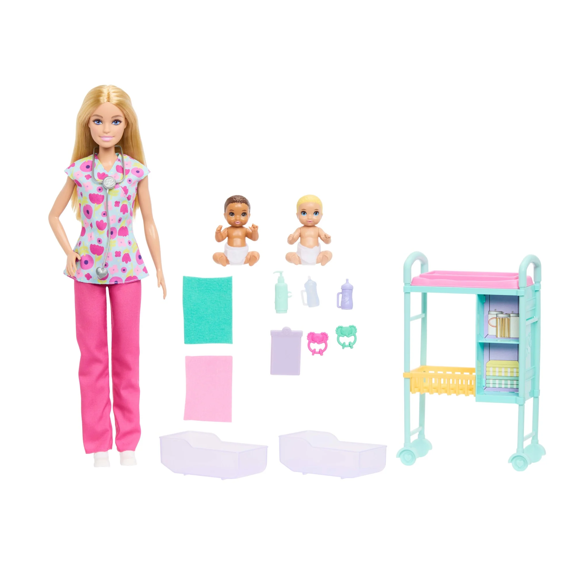 Barbie Métiers-Coffret Barbie Pédiatre-Poupée Blonde et 2 Poupées Bébés