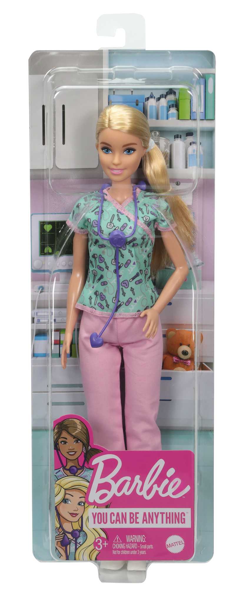 Barbie Nurse Fashion Doll Dressed in Medical Scrubs, White Shoes & Stethoscope Accessory - Image 5