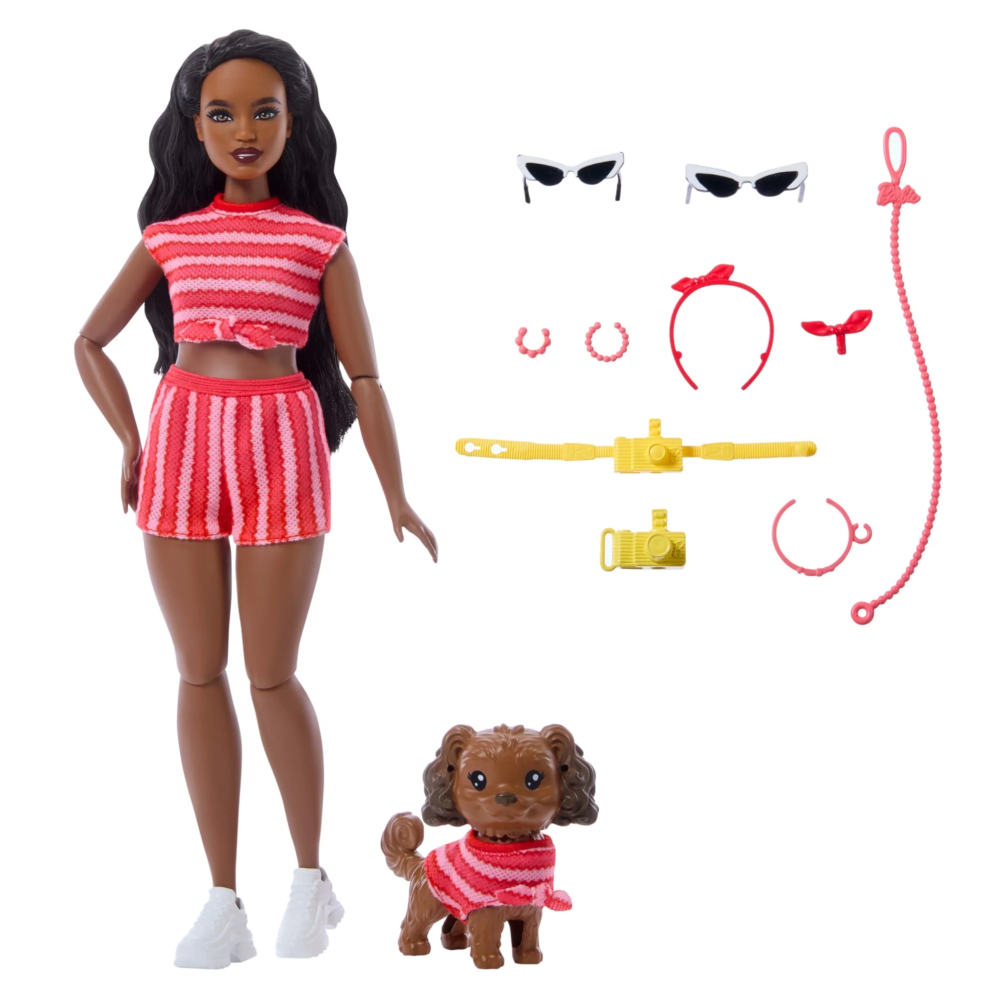 Barbie Twinning Looks Fashion Doll With Pet Dog, Matching Red Clothes & Accessories, Black Hair - Image 5