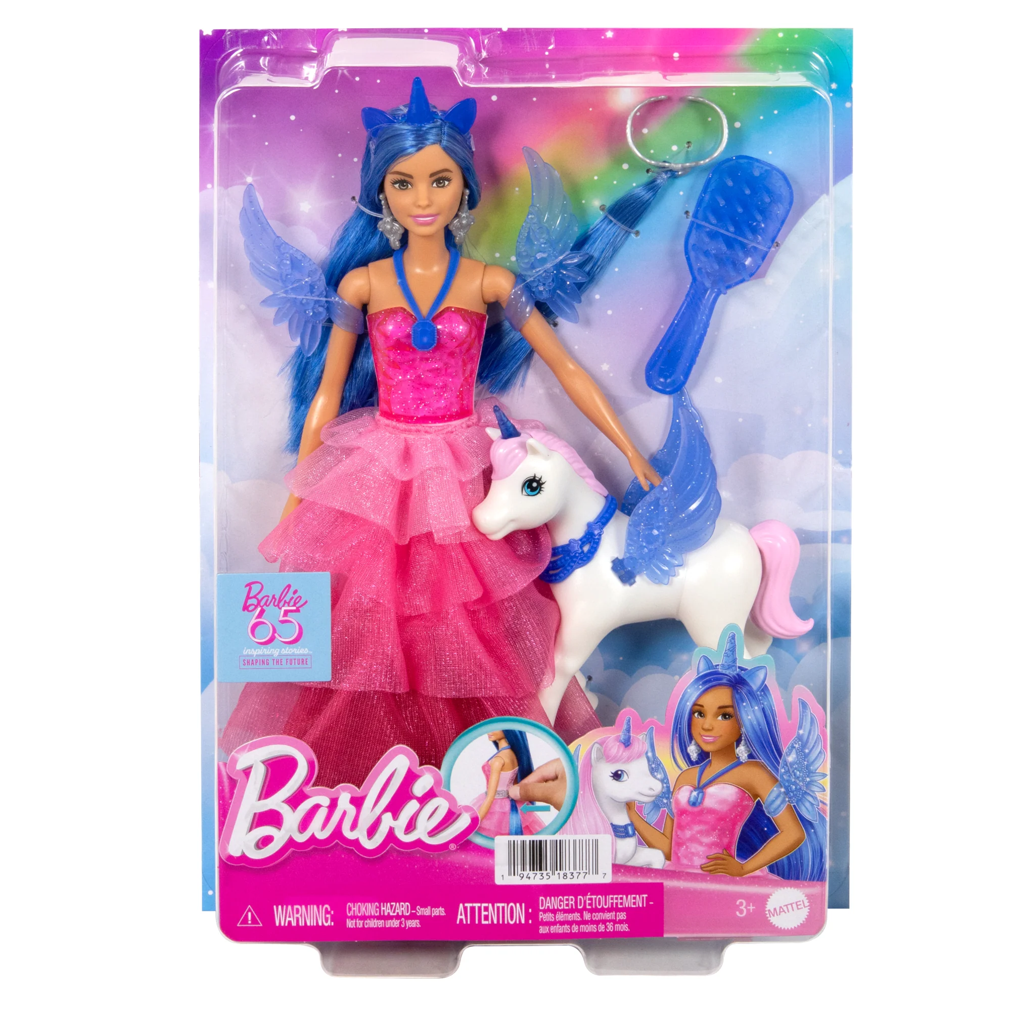 Barbie 65Anniversaire Poupée et Animal Licorne Ailée, Ch. Bleus - Image 6