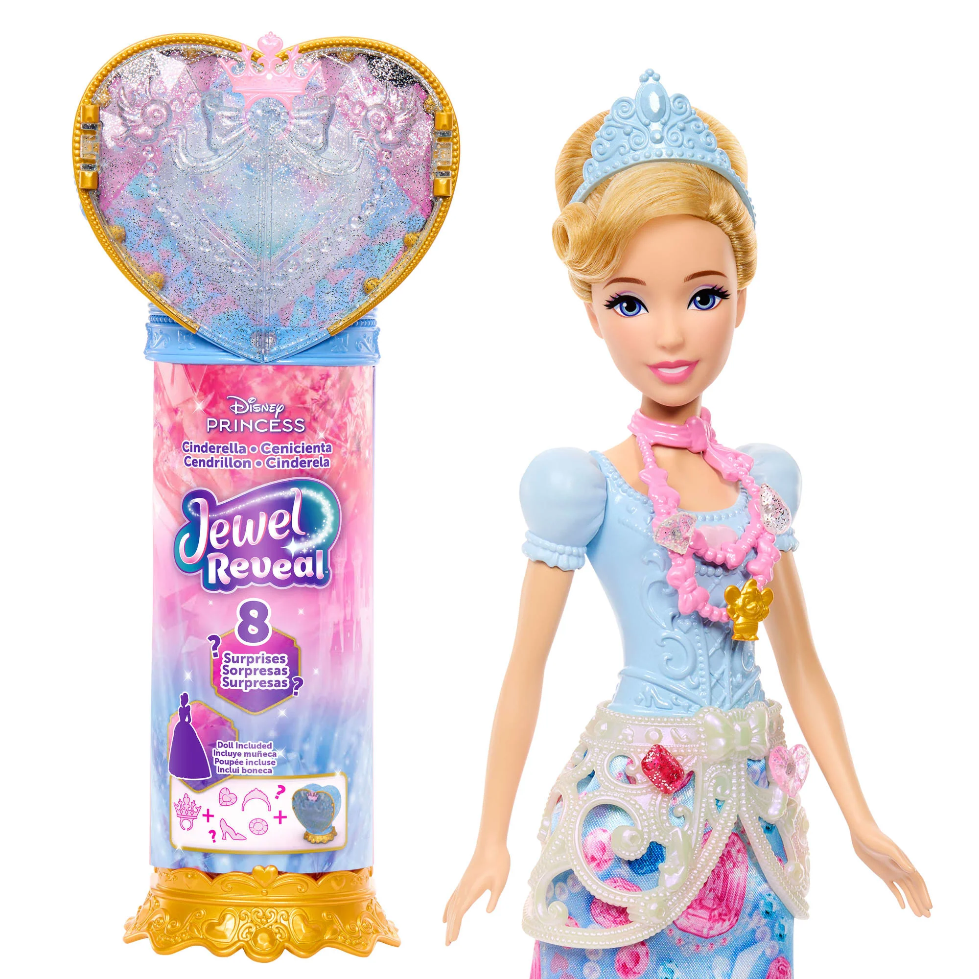 Disney Princess Jewel Reveal Cinderella Fashion Doll W/ 8 Surprises including Gem Box & Accessories