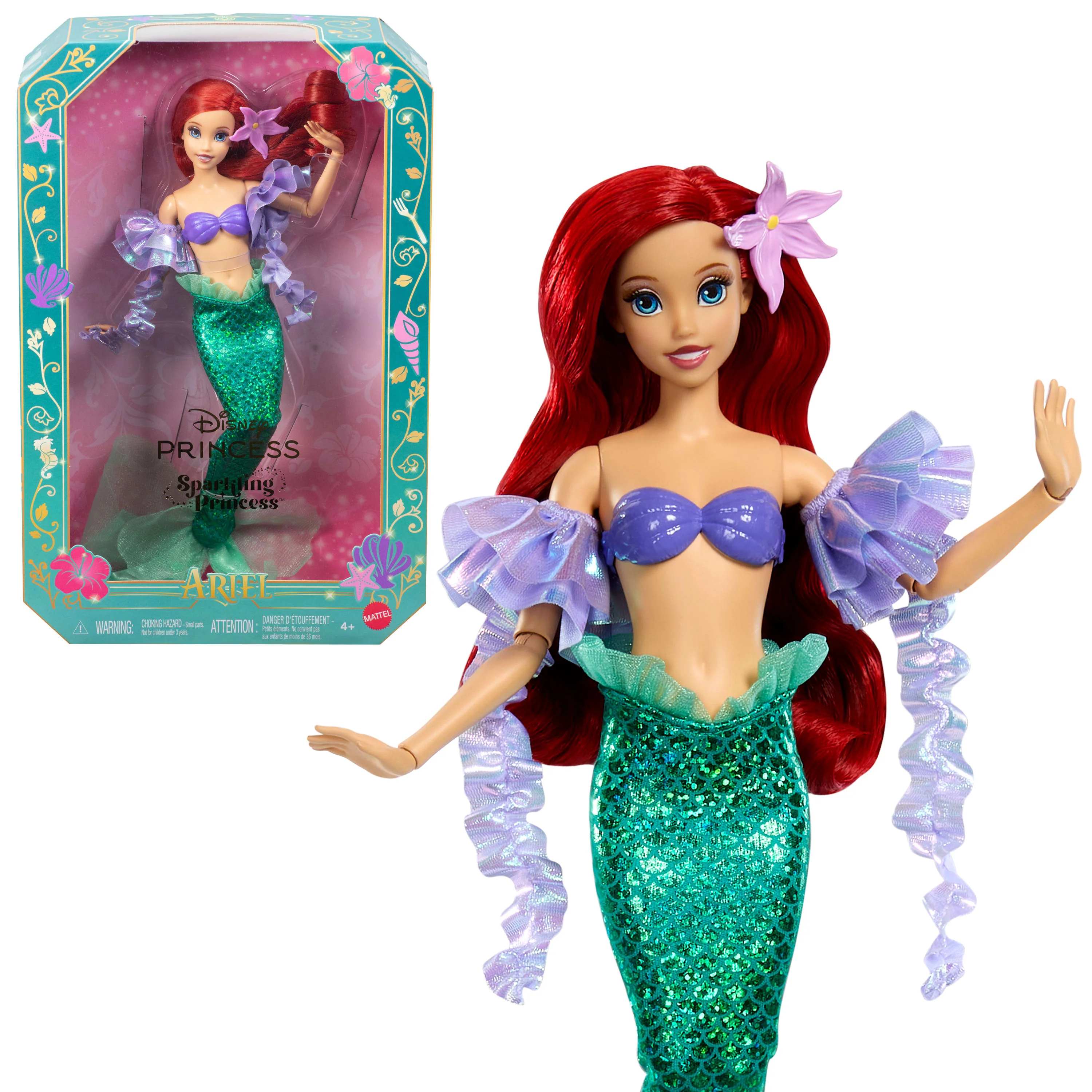 Disney Princess Sparkling Princess Series Mermaid Ariel Fashion Doll With Removable Tail & Sleeves