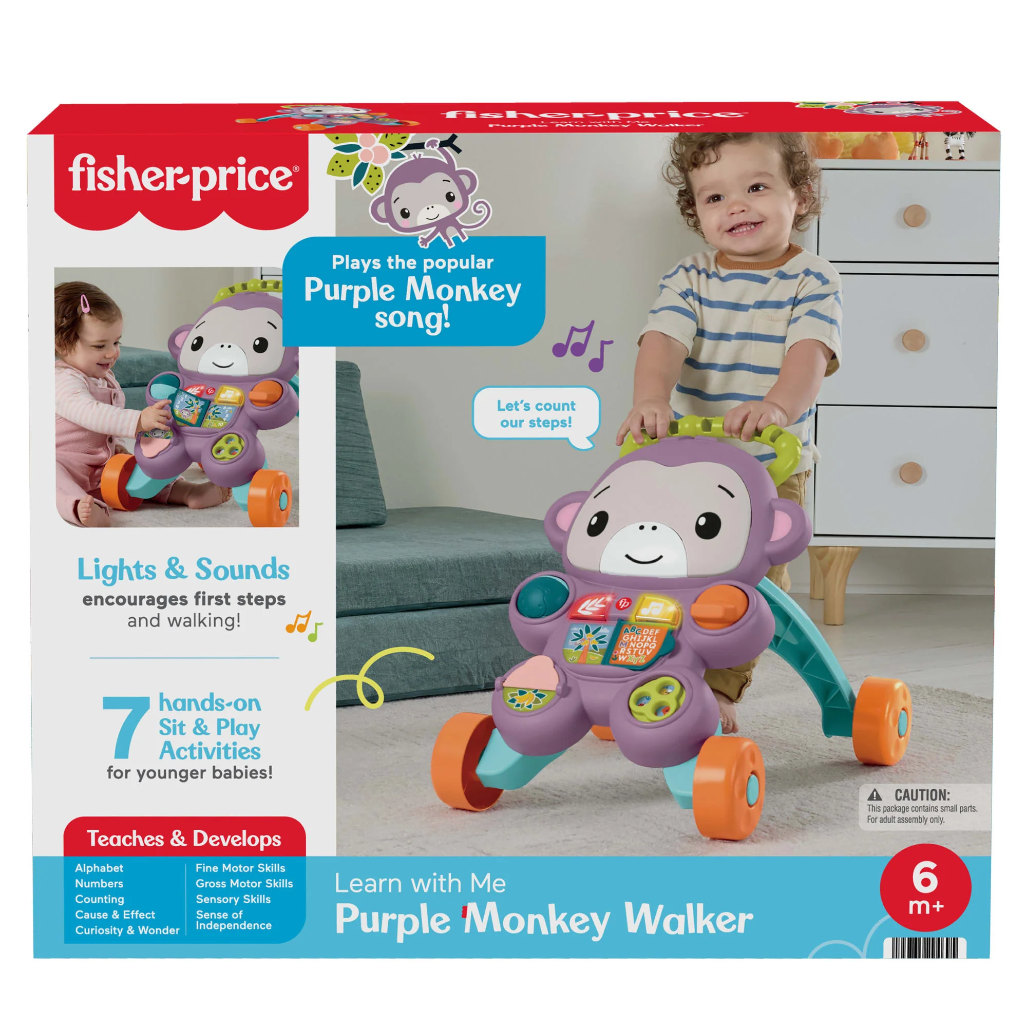 Fisher-Price Learn With Me Purple Monkey Push Walker, Baby Musical Learning Activity Toy - Image 6