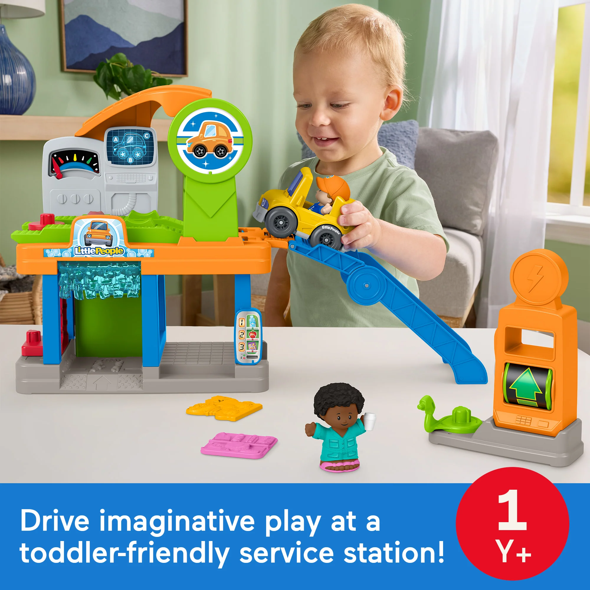 Fisher-Price Little People Fillin’ Fun Service Station Toddler Playset, 1 Toy Car & 2 Figures - Image 2