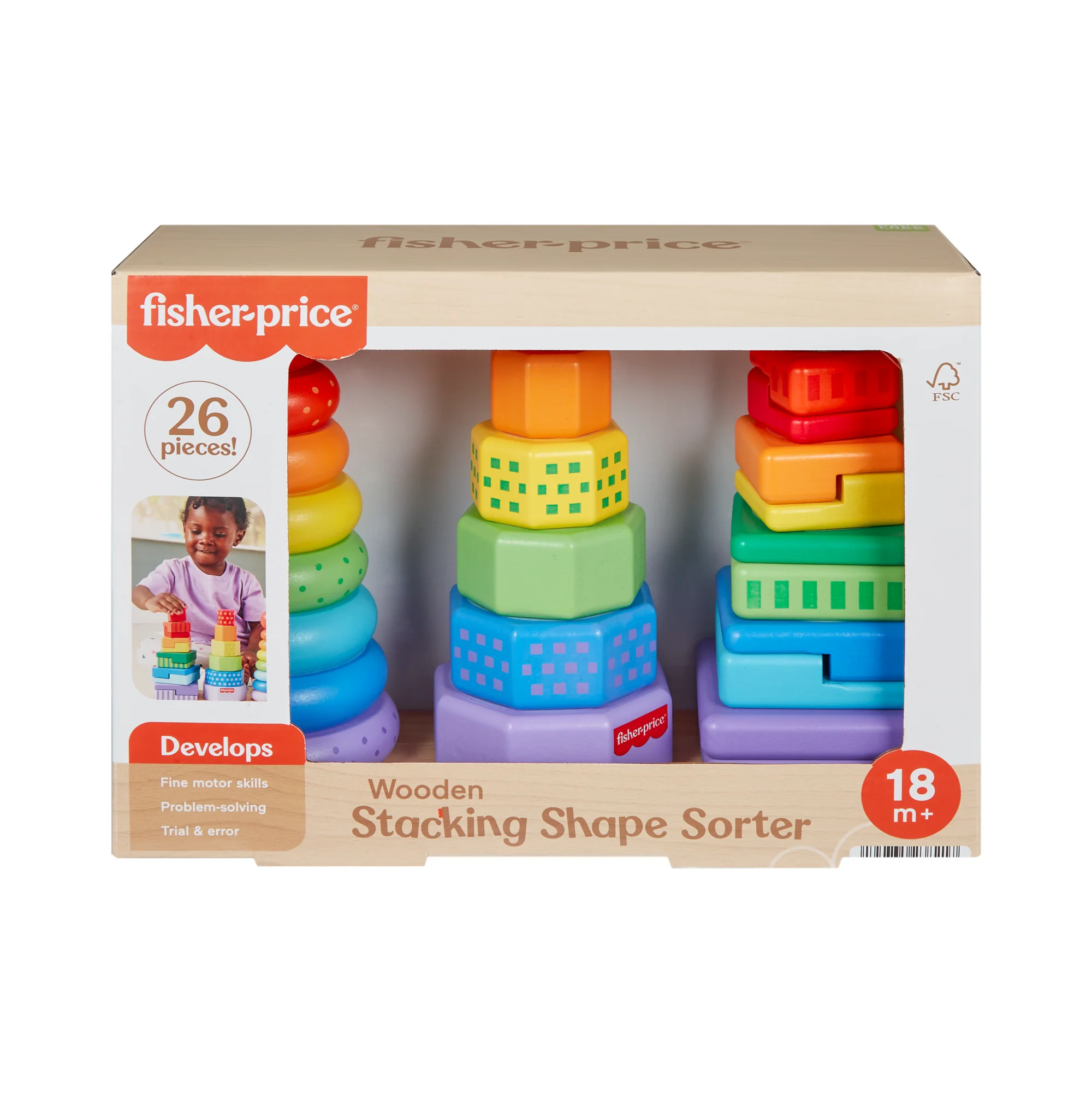 Fisher-Price Wooden Stacking Shape Sorter Toddler Fine Motor Toy, 26 Wood Pieces - Image 6