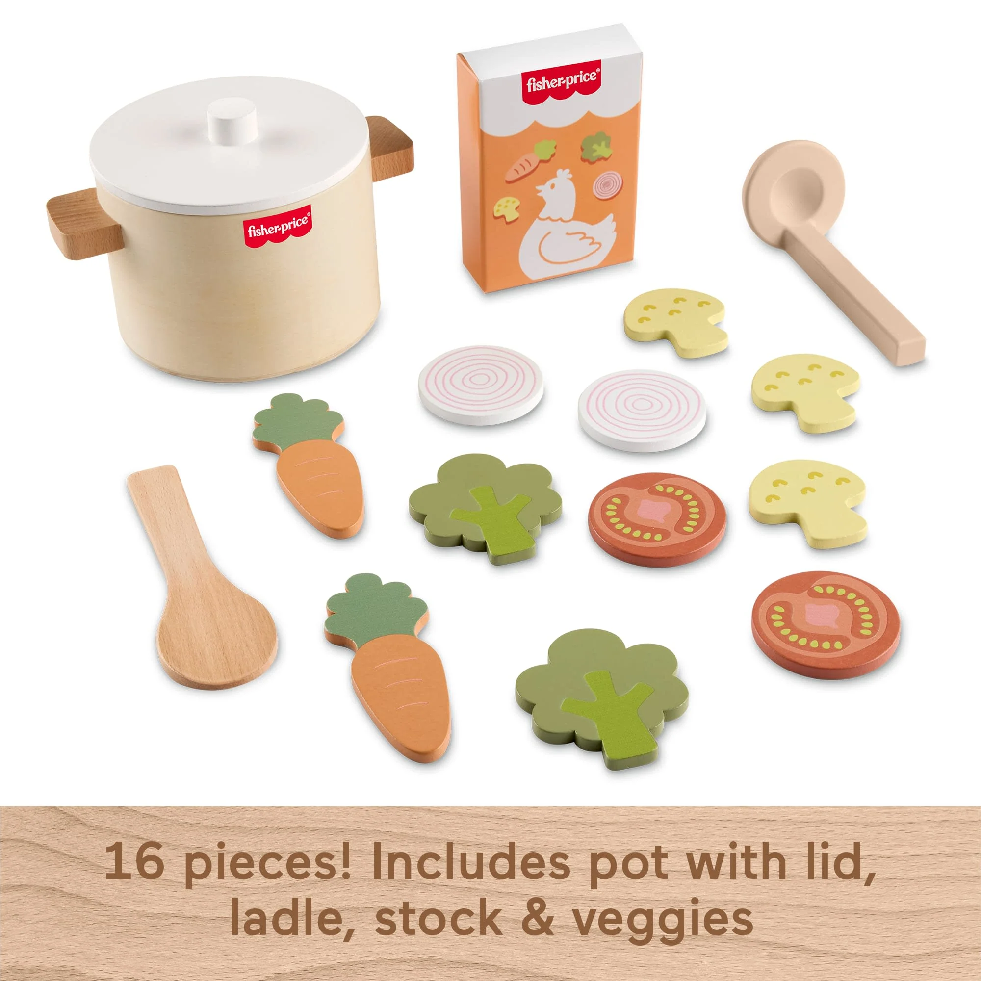 Fisher-Price Tiny Garden Wooden Veggie Soup Pretend Kitchen Play Set For Kids, 16 Wood Pieces - Image 5