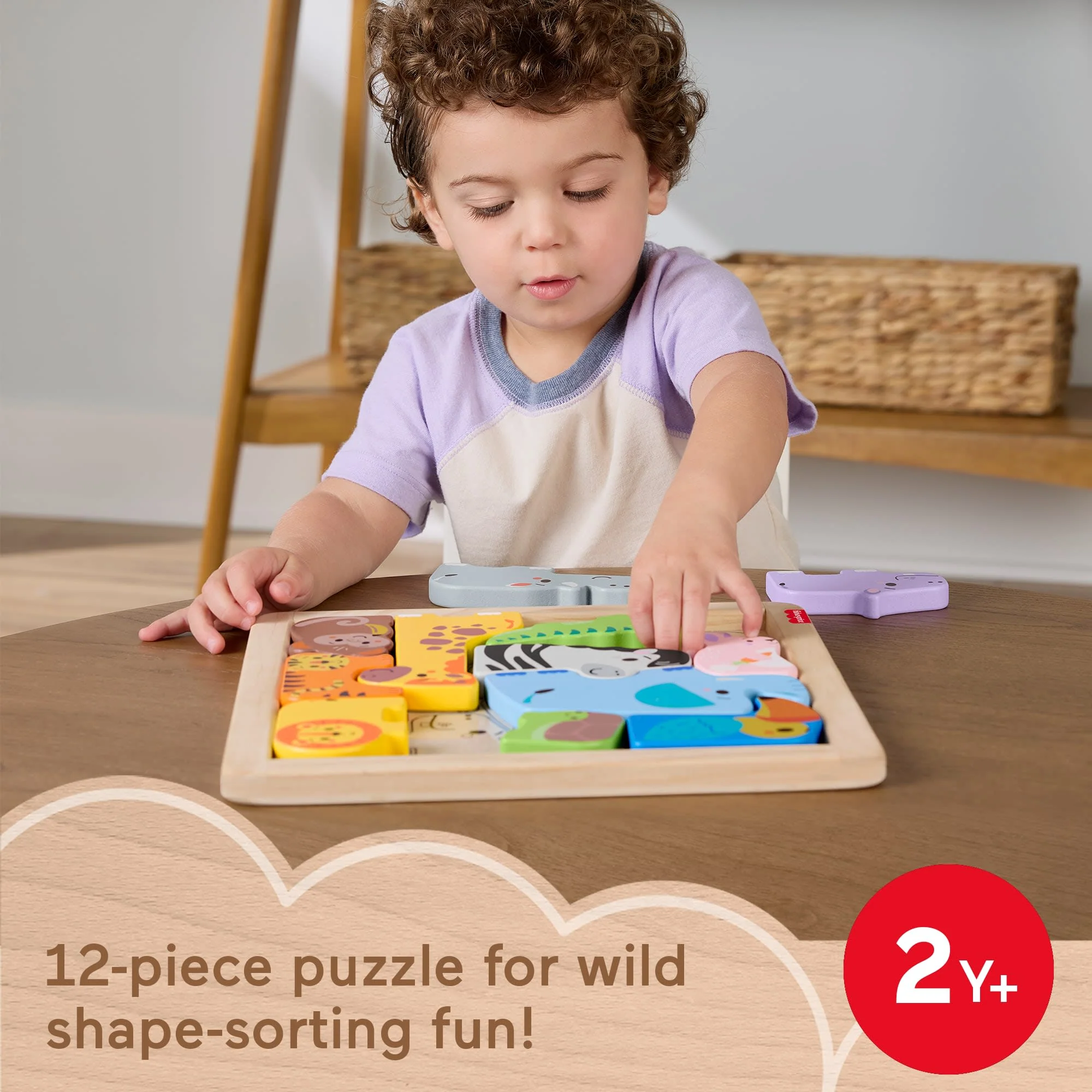 Fisher-Price Wooden Animal Puzzle, Shape-Sorting Activity For Kids, 12 Wood Blocks - Image 2