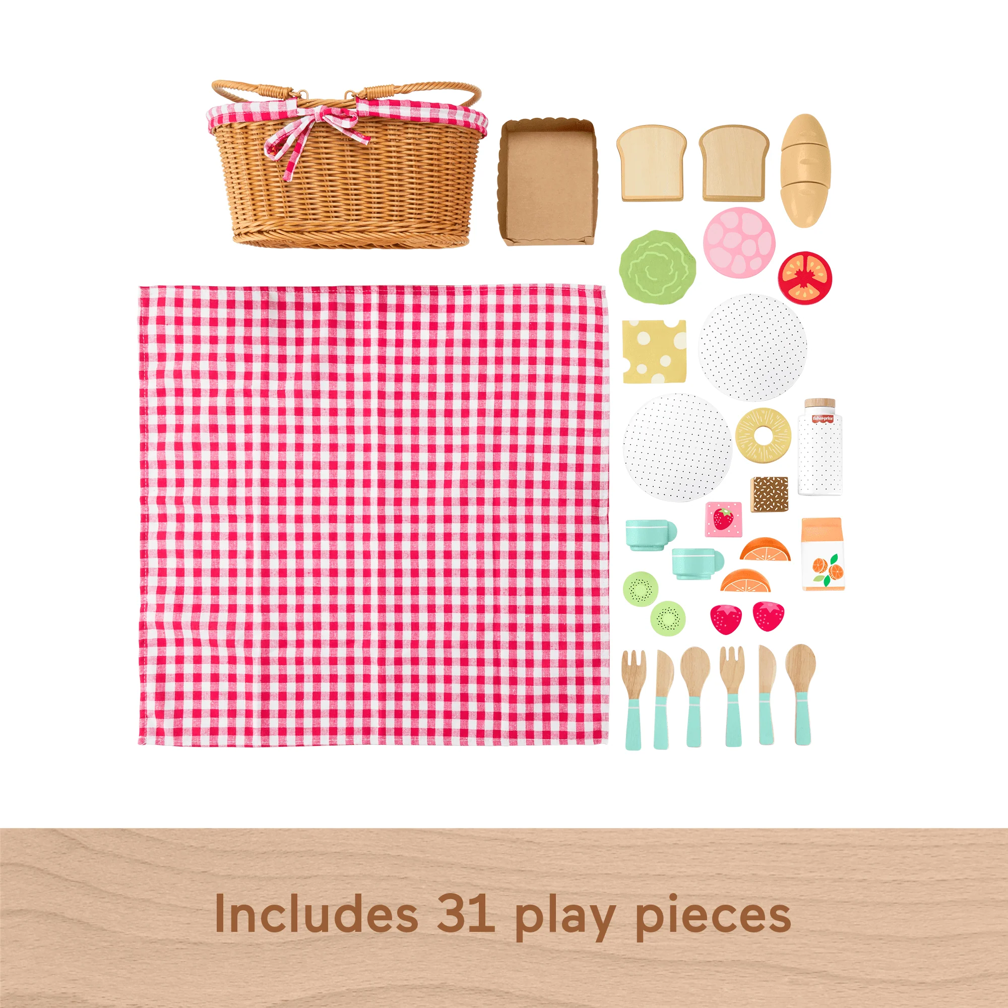 Fisher-Price Wood Pretend Play Toy Picnic Basket, 31-Piece Wooden Food Playset For Preschool Kids Ages 3+ Years - Image 3