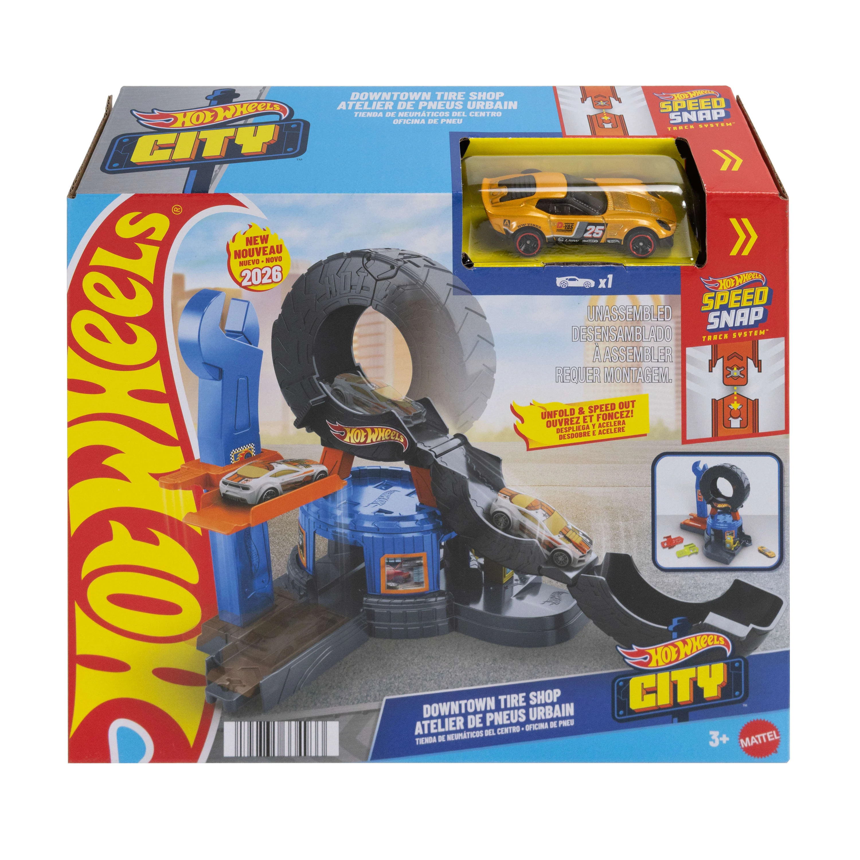 Hot Wheels City Downtown Tire Shop Playset & 1:64 Scale Toy Car, Speed Snap Track Compatible - Image 6