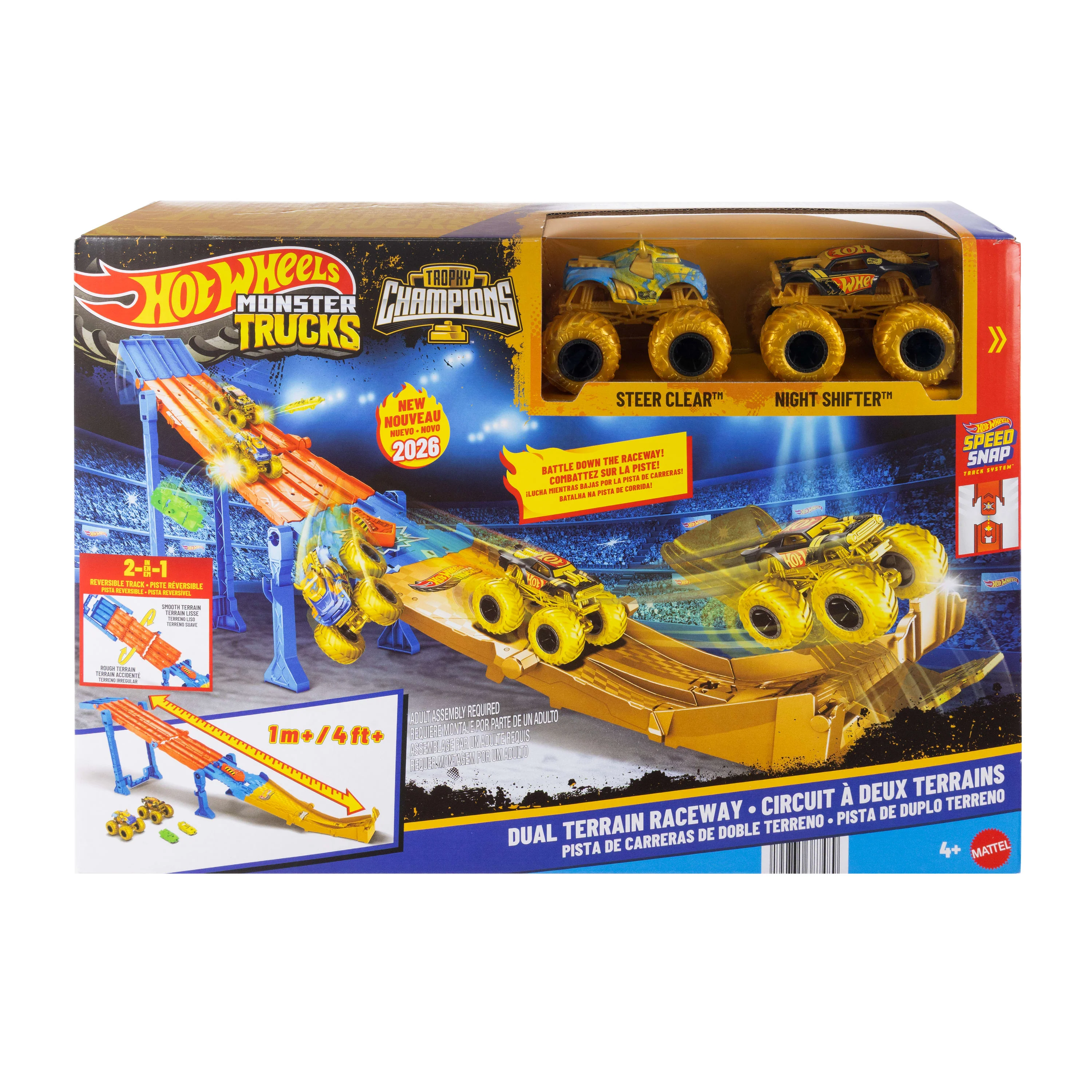 Hot Wheels Monster Trucks Dual Terrain Raceway, 4 Feet Long With 2 Toy Trucks & 2 Crushed Cars - Image 6