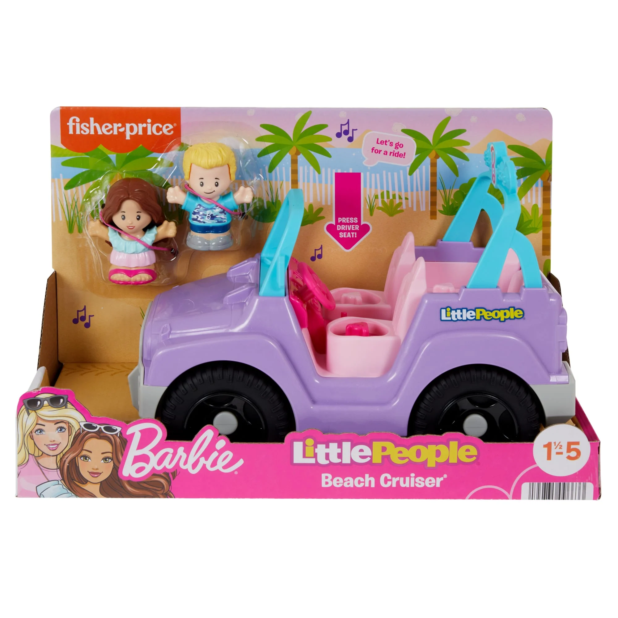Little People Barbie Toy Car With Music Sounds And 2 Figures, Beach Cruiser, Toddler Toys - Image 6