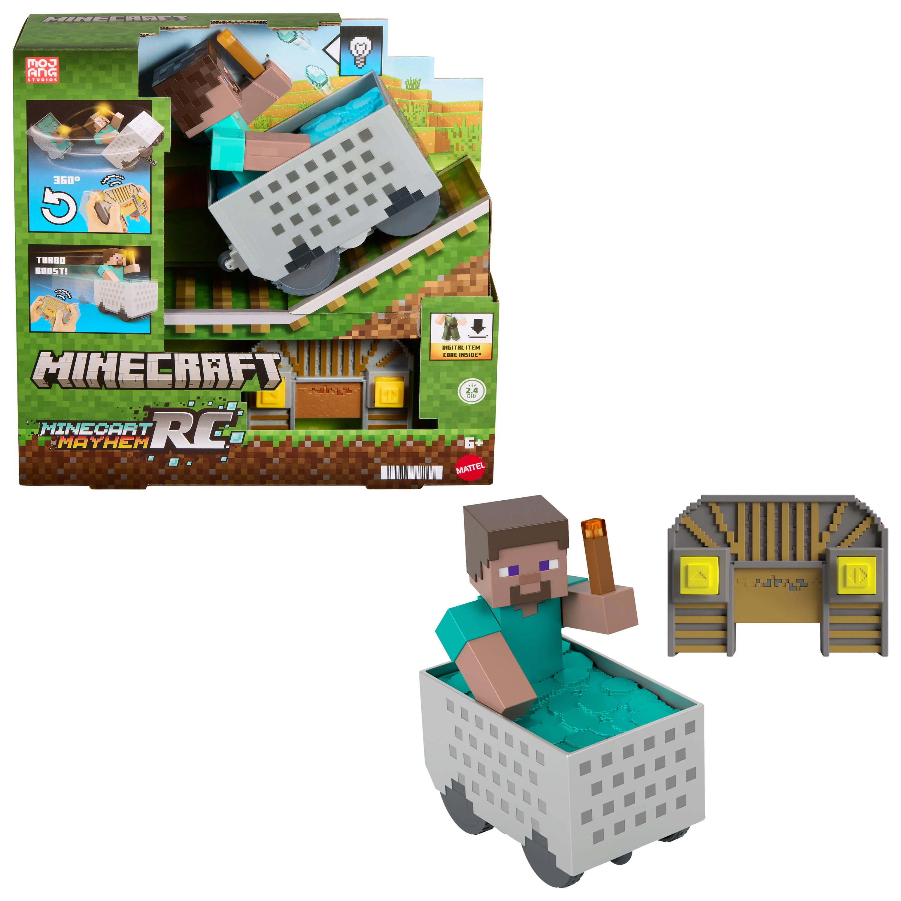 Minecraft Minecart RC & Steve, Wheelie Stunt & Turbo Boost, Lights & Digital Item Code
