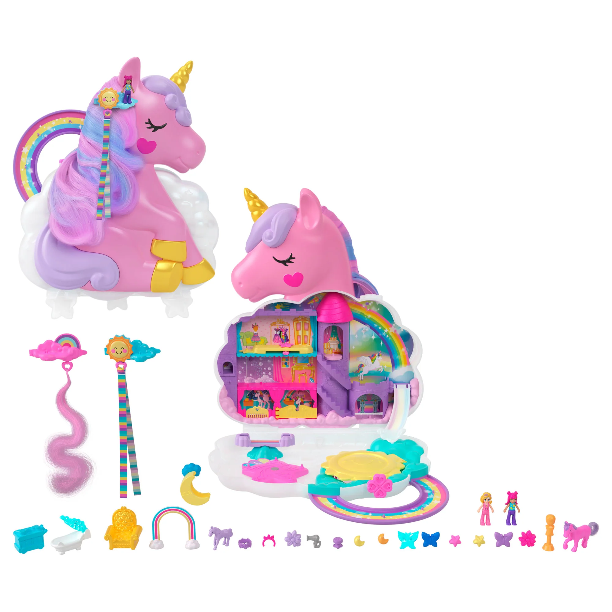 Polly Pocket Coffret Salon Licorne Arc-en-Ciel, 2 Poupées, 20+ Acc.